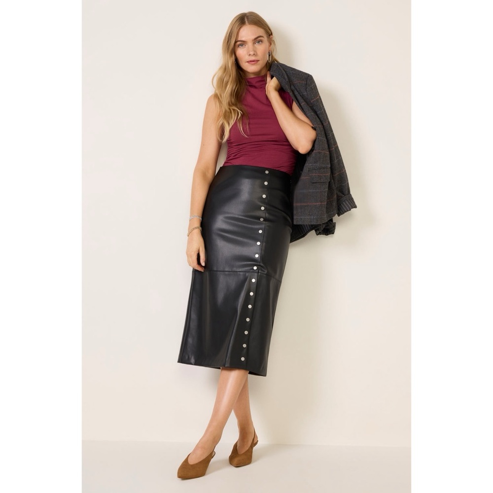 Evereve Skirt Faux Leather Studded Black Jo Midi 27 - Picture 2 of 8